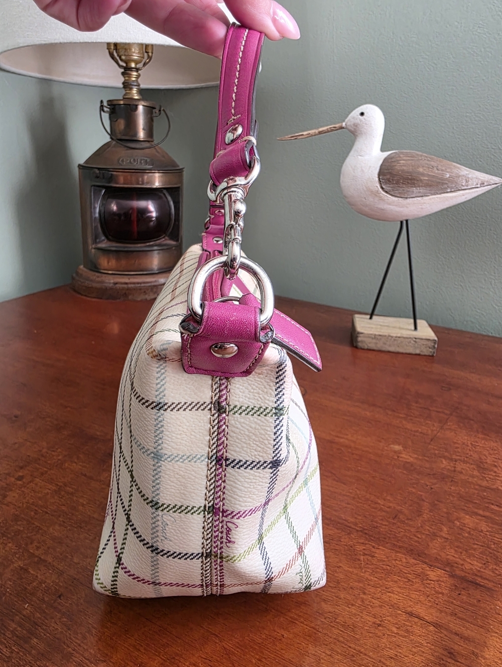 Coach Tattersall Demi Mini Shoulder Bag Pink Cream Canvas Leather Purse Y2K - Picture 5 of 16